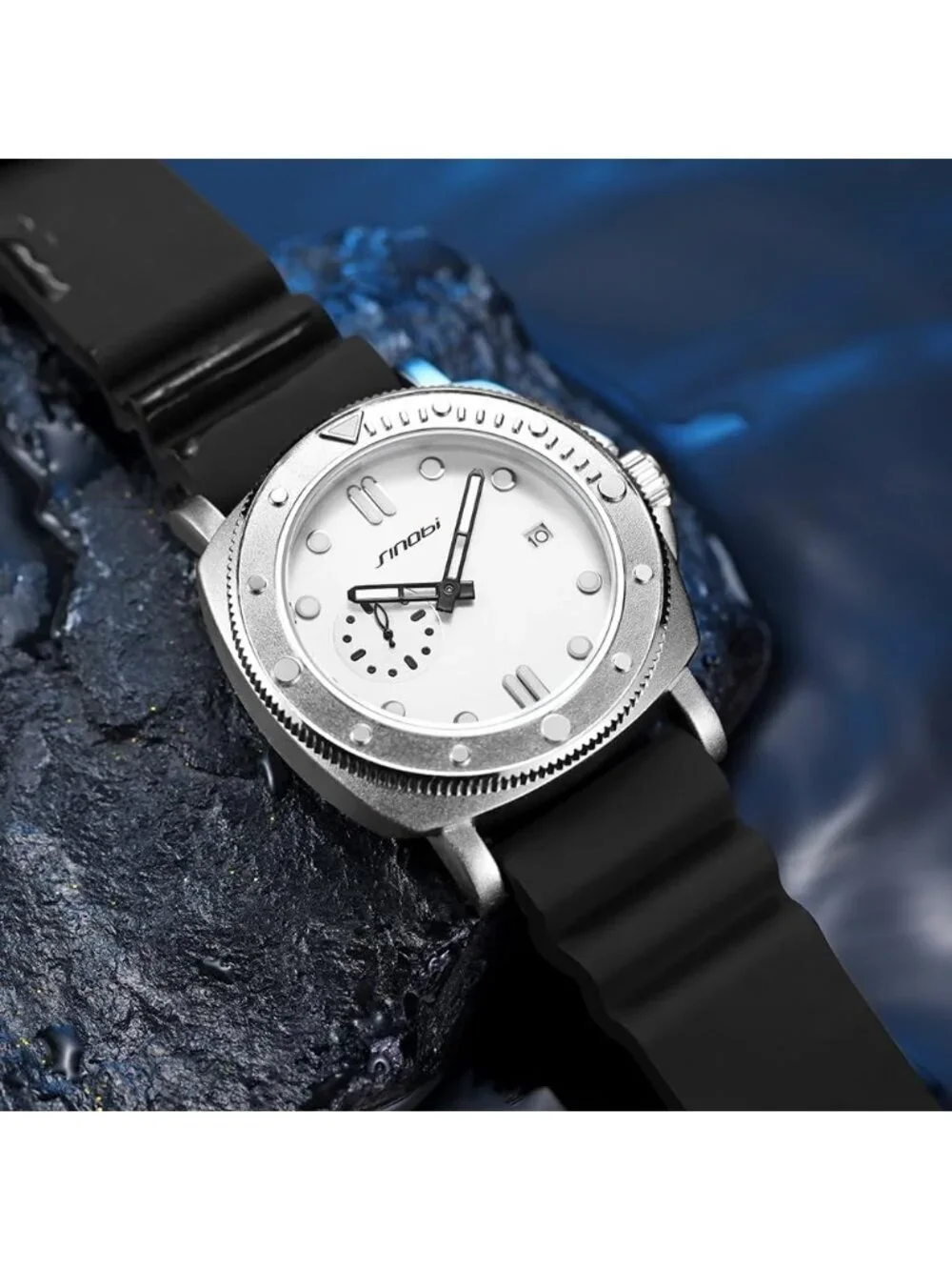 Men's Silver Analog Silicone Strap Water Resistant Rotating Bezel Wrist Watch